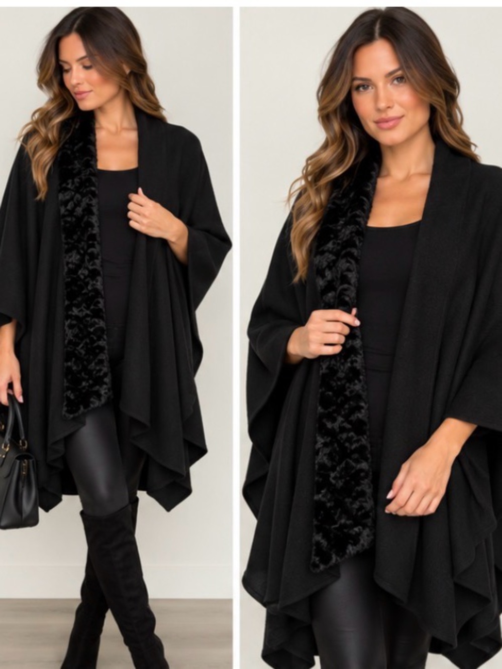 East 5th Black Draped Sweater Poncho with Faux-Fur Trim